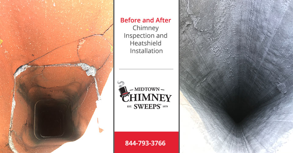 before and after image, chimney inspection and heatshield installation, midtown chimney sweeps