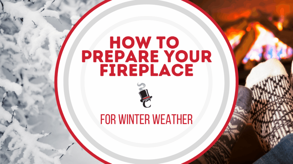 A circular sign reads “How to Prepare Your Fireplace for Winter Weather” beside a lit fireplace and patterned socks on a snowy background.
