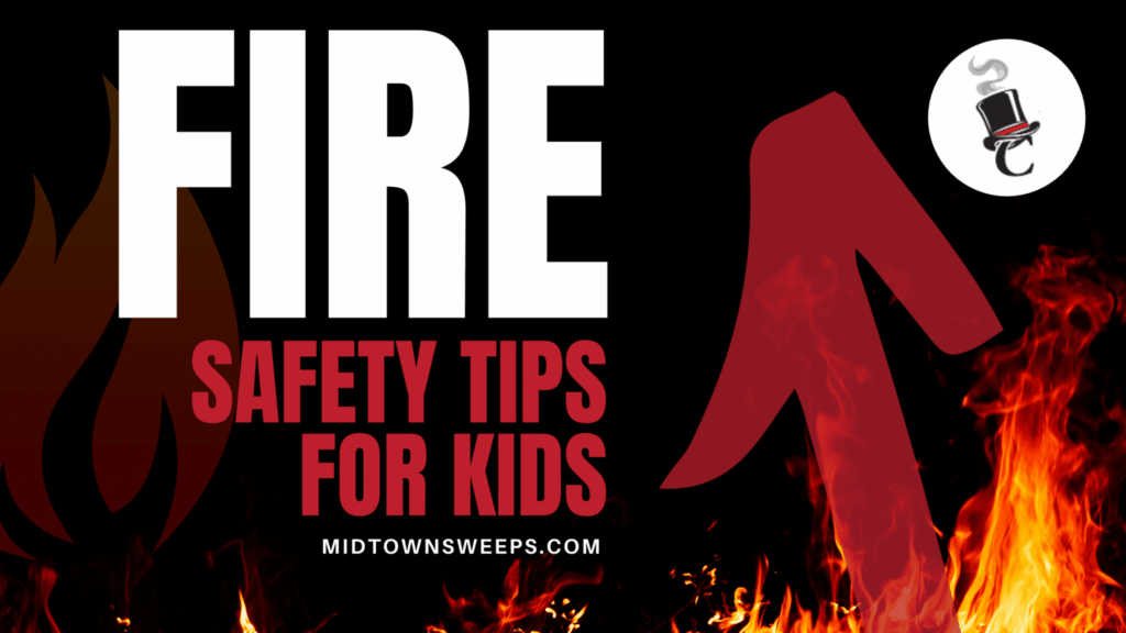 A fire safety tips for kids poster with large white and red text, a red firefighter silhouette, and flames along the bottom on a black background.
