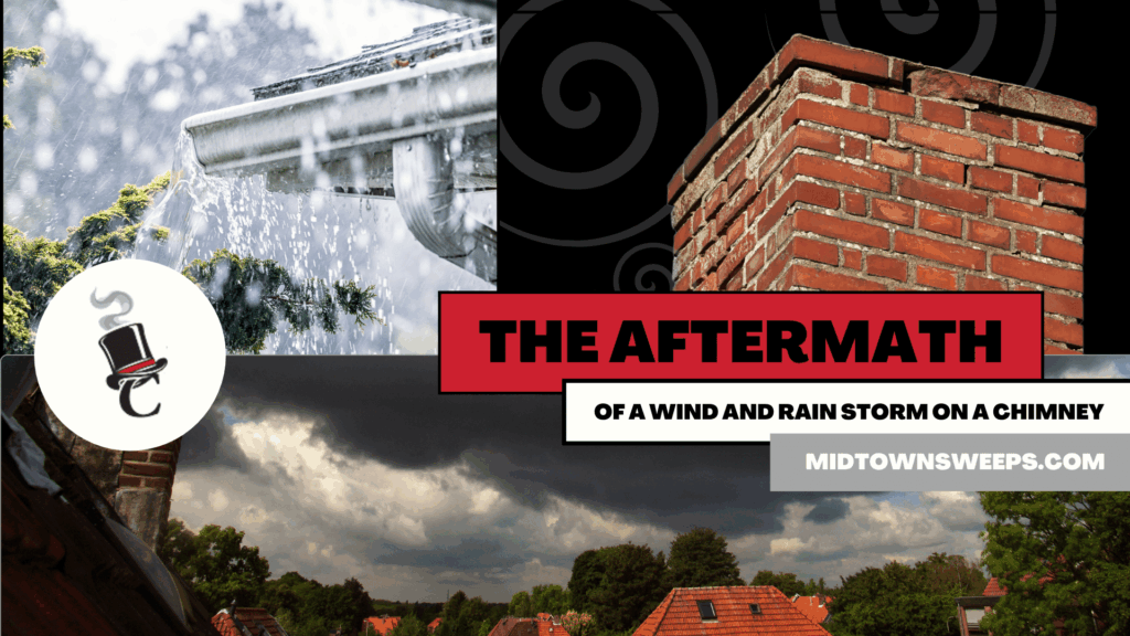 A brick chimney against a dark stormy sky, with a rain gutter pouring water in the background and the text “THE AFTERMATH OF A WIND AND RAIN STORM ON A CHIMNEY” across the image.