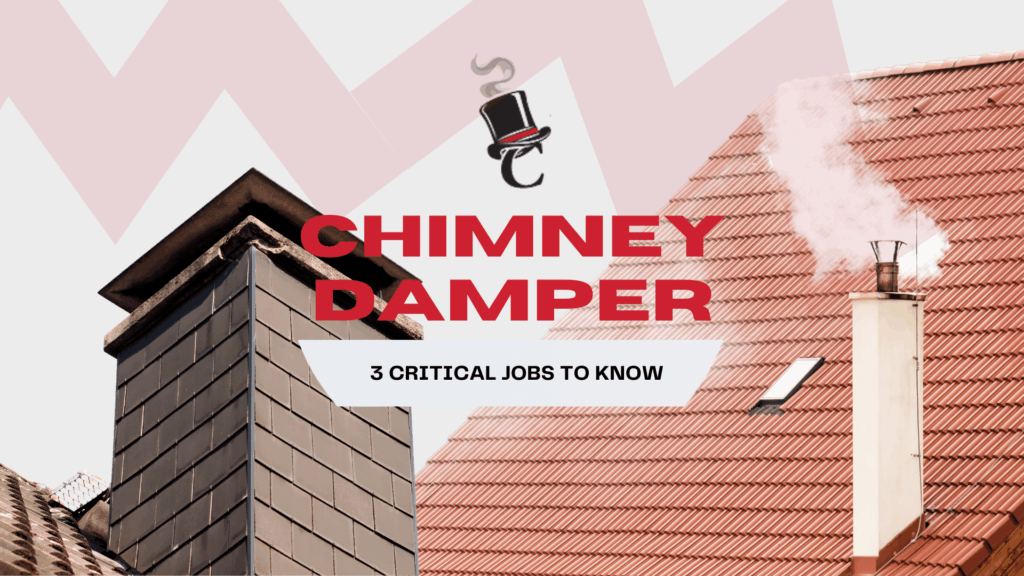 Graphic about chimney sweep work showing a chimney damper icon above the words "CHIMNEY DAMPER," with two rooftops and a smoking chimney in the background.