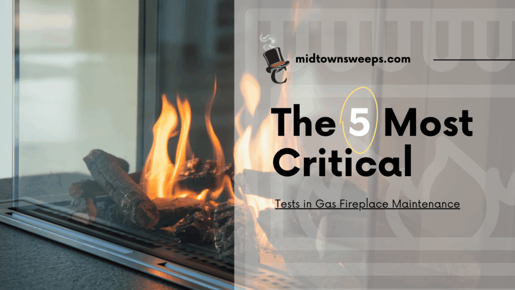 A modern gas fireplace with visible flames and logs, shown beside a translucent overlay reading 'The 5 Most Critical Tests in Gas Fireplace Maintenance' and midtownsweeps.com.