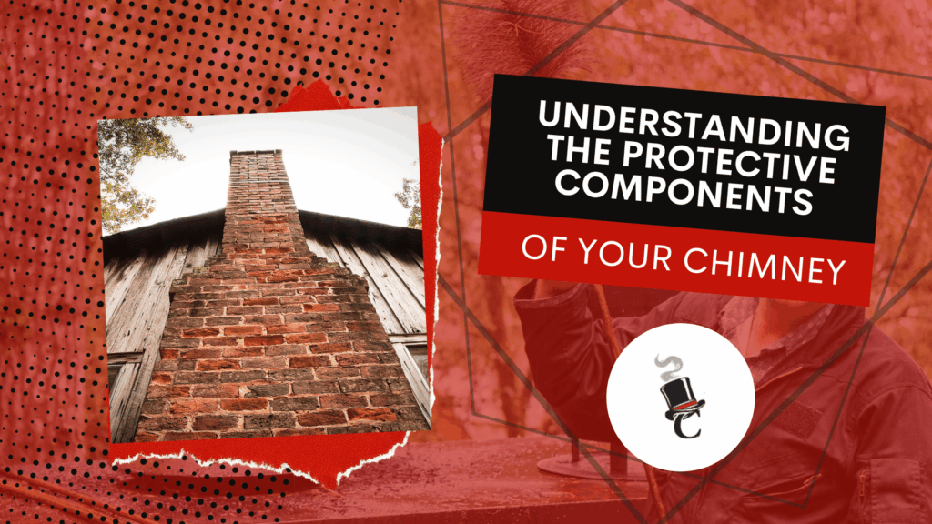 A brick chimney on a weathered wooden building, featured beside the text “Understanding the Decorative Components of Your Chimney.”