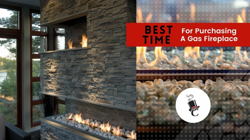 A modern gas fireplace with stacked stone surround and open flames beside large windows, paired with a red banner reading Best Time For Purchasing A Gas Fireplace.
