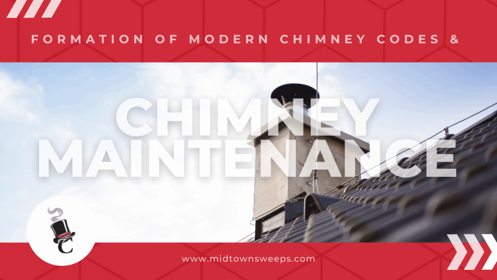 A rooftop chimney with metal flashing and dark shingles appears beneath the title Chimney Maintenance, with a red banner reading Formation of Modern Chimney Codes and midsweeps.com.