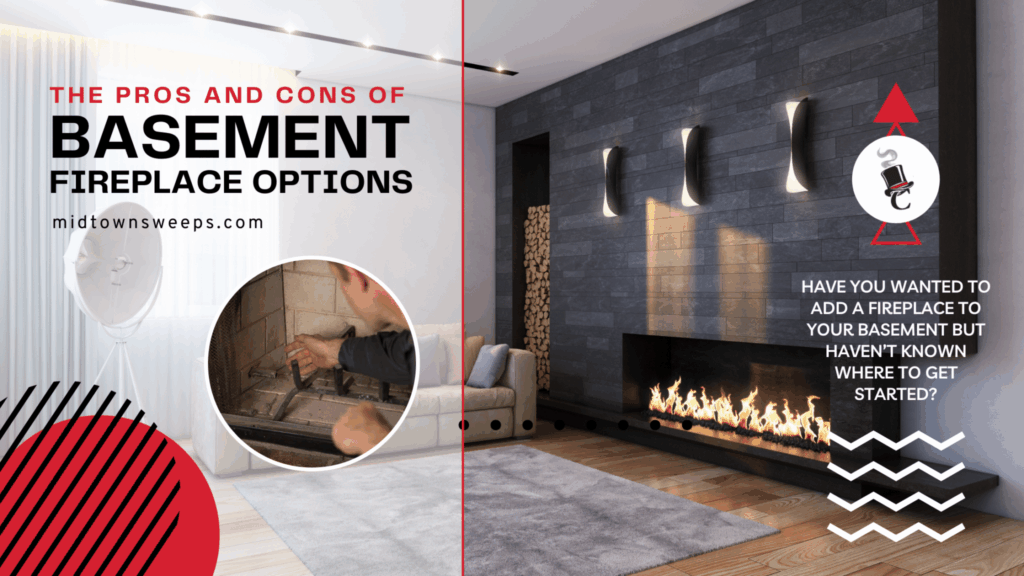 An infographic slide titled about basement fireplace options, showing a modern living room with a wall-mounted linear fireplace and a circular inset of hands working near a fireplace opening.