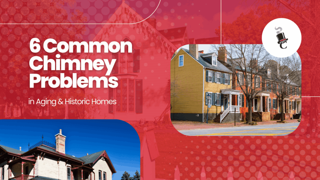 A red graphic about common chimney problems in aging and historic homes, featuring a yellow house, a historic home, and a chimney icon.
