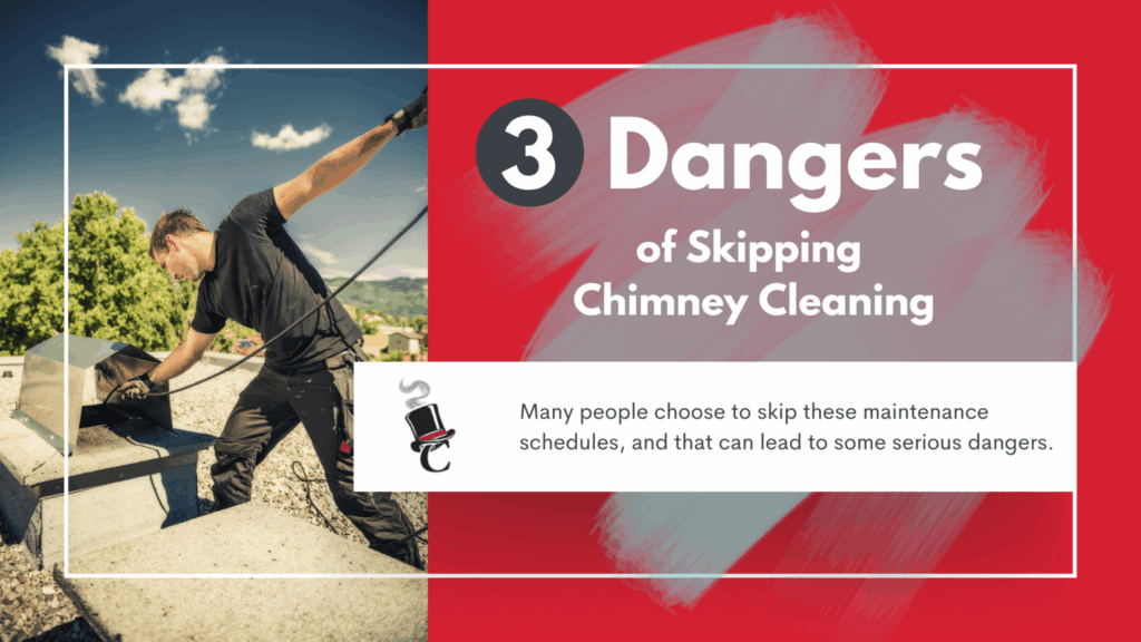 A worker cleaning a rooftop chimney, with a graphic reading “3 Dangers of Skipping Chimney Cleaning” on the right side.