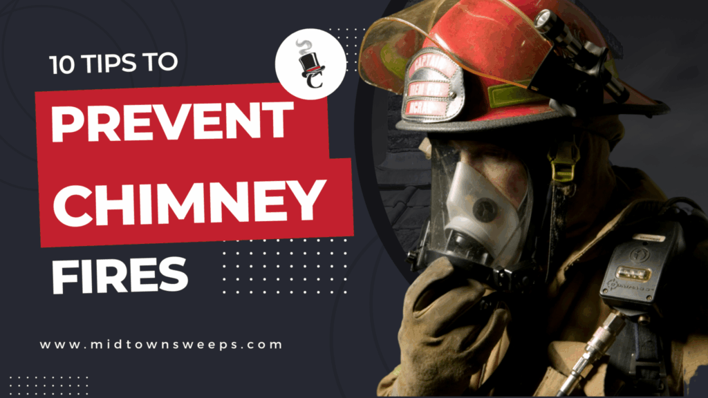 A firefighter in protective gear wearing a mask and helmet stands beside a poster that reads “10 Tips to Prevent Chimney Fires” with the website midtownsweeps.com.