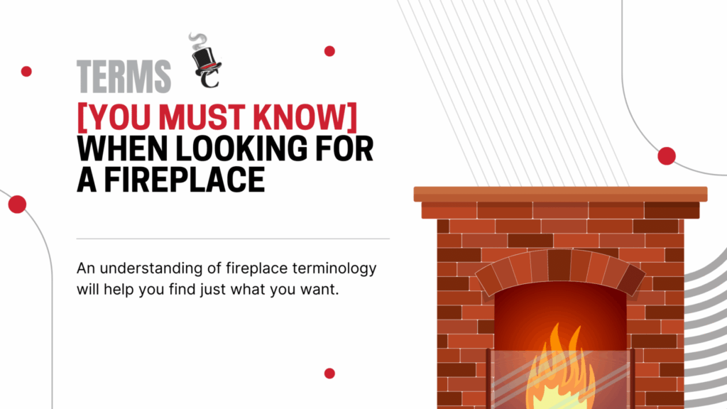 A graphic with the headline "Terms [You Must Know] When Looking for a Fireplace" beside an illustrated brick fireplace with flames, on a white background with thin gray lines and red dots.