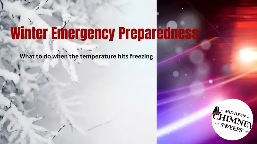A split-screen winter emergency preparedness graphic with frosted branches on the left, the title text, and a red-orange light effect on the right above the Mid-Town Chimney Sweeps logo.