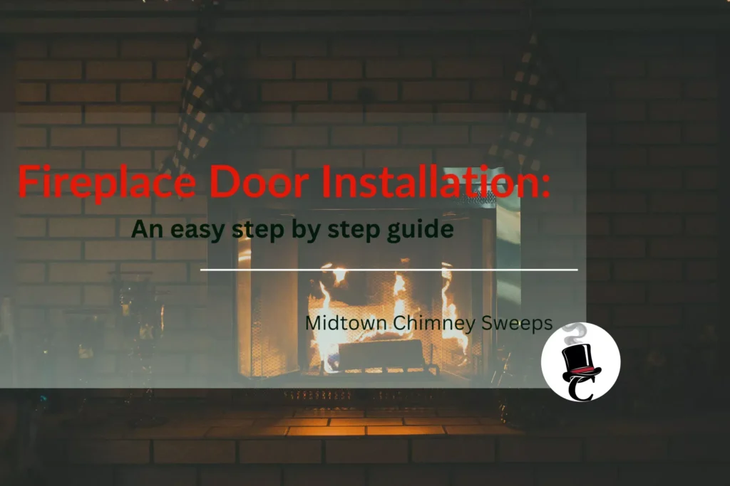 A fireplace seen behind a glass door with the overlaid title "Fireplace Door Installation" and the subtitle "An easy step by step guide," set against a dark brick surround.