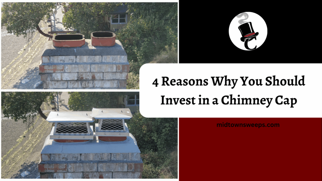 A split-image comparison of a brick chimney with two flue openings, shown without and with a metal chimney cap, alongside the text “4 Reasons Why You Should Invest in a Chimney Cap.”