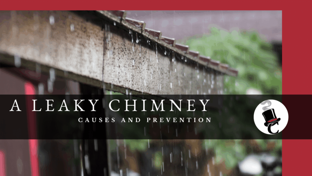 A leaky chimney on a roof with water dripping from the edge, shown behind a dark banner with the text "A LEAKY CHIMNEY" and "CAUSES AND PREVENTION."