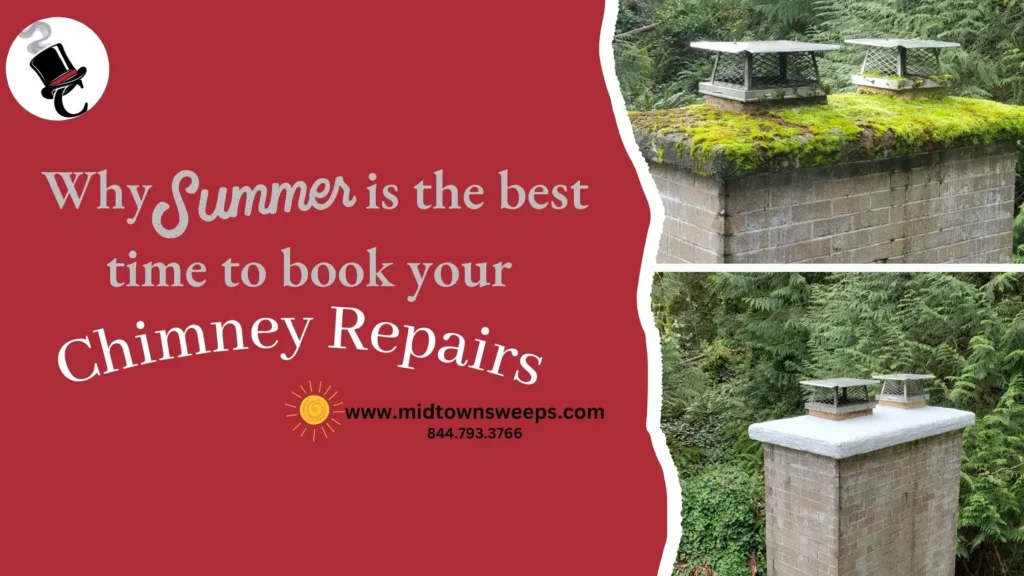 Promotional graphic about chimney repairs with the text 'Why Summer is the best time to book your Chimney Repairs,' alongside two before-and-after photos of a chimney on a mossy roof and a repaired chimney against greenery.