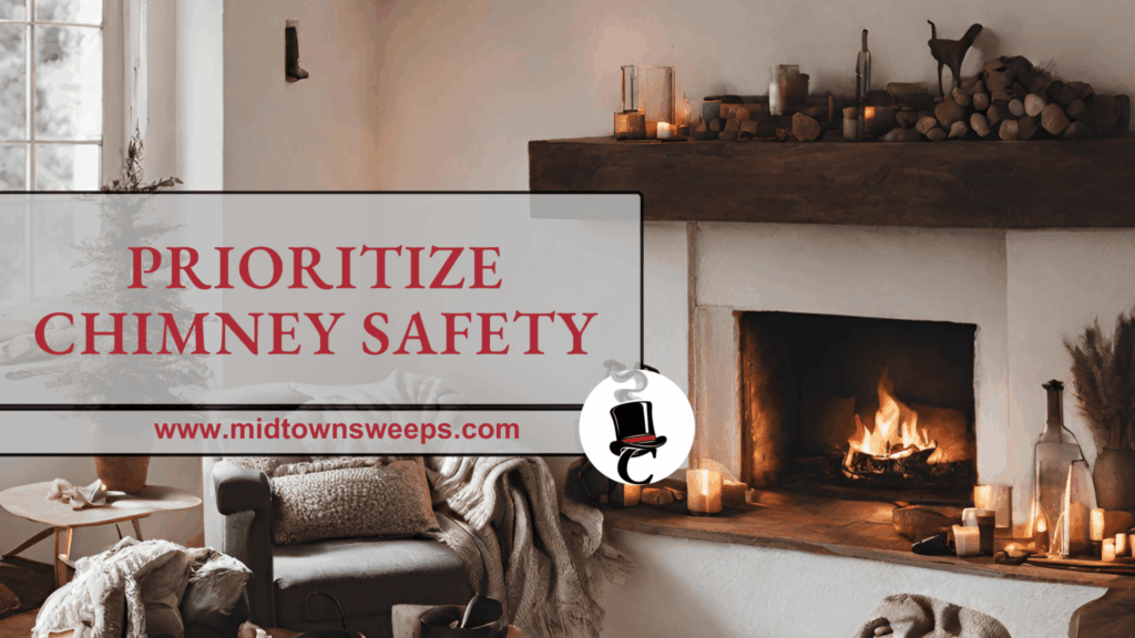 A living room fireplace with burning logs and candles, overlaid with the text "PRIORITIZE CHIMNEY SAFETY" and the website "www.midtownsweeps.com."
