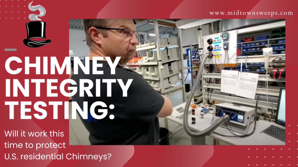 A man in a workshop stands beside industrial testing equipment for chimney integrity testing, with gauges, cables, and shelves in the background.