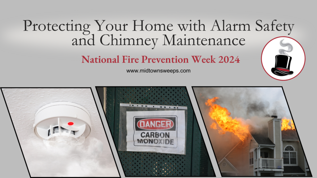 A fire prevention banner shows a smoke alarm, a carbon monoxide warning sign, and a house chimney fire beneath the heading "Protecting Your Home with Alarm Safety and Chimney Maintenance."