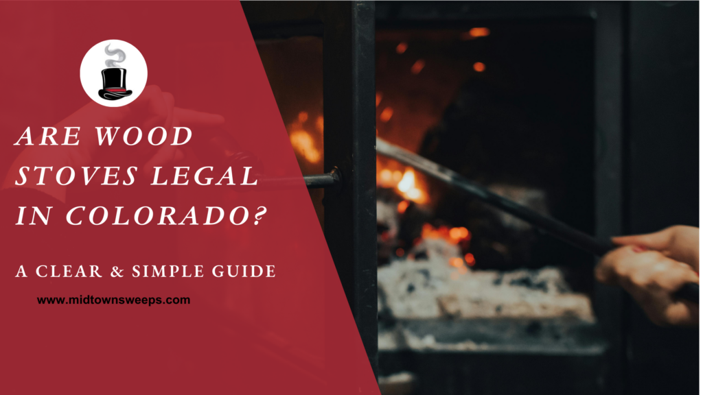 A promotional graphic about wood stoves with the question "Are wood stoves legal in Colorado?" beside a fireplace fire and a hand using a tool on the right.