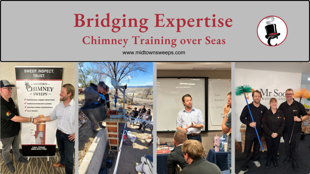 A promotional banner for chimney training shows the title “Bridging Expertise” above four event photos of people at a presentation, rooftop work, and a group standing with cleaning tools, with the website midtownsweeps.com below.