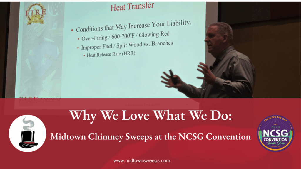 A man speaks beside a presentation slide about heat transfer at the NCSG Convention, with a red event banner and Midtown Chimney Sweeps branding at the bottom.