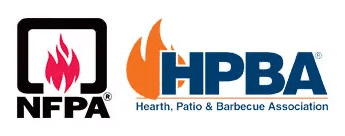 The NFPA logo appears beside the HPBA logo, with a stylized flame icon and the text Hearth, Patio & Barbecue Association on a white background.