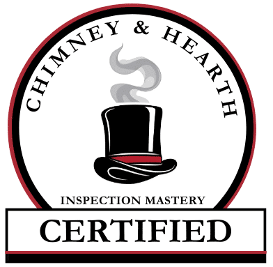 A Chimney & Hearth Inspection Mastery certified logo with a black top hat and smoke in the center, framed by a circular border above the word CERTIFIED.