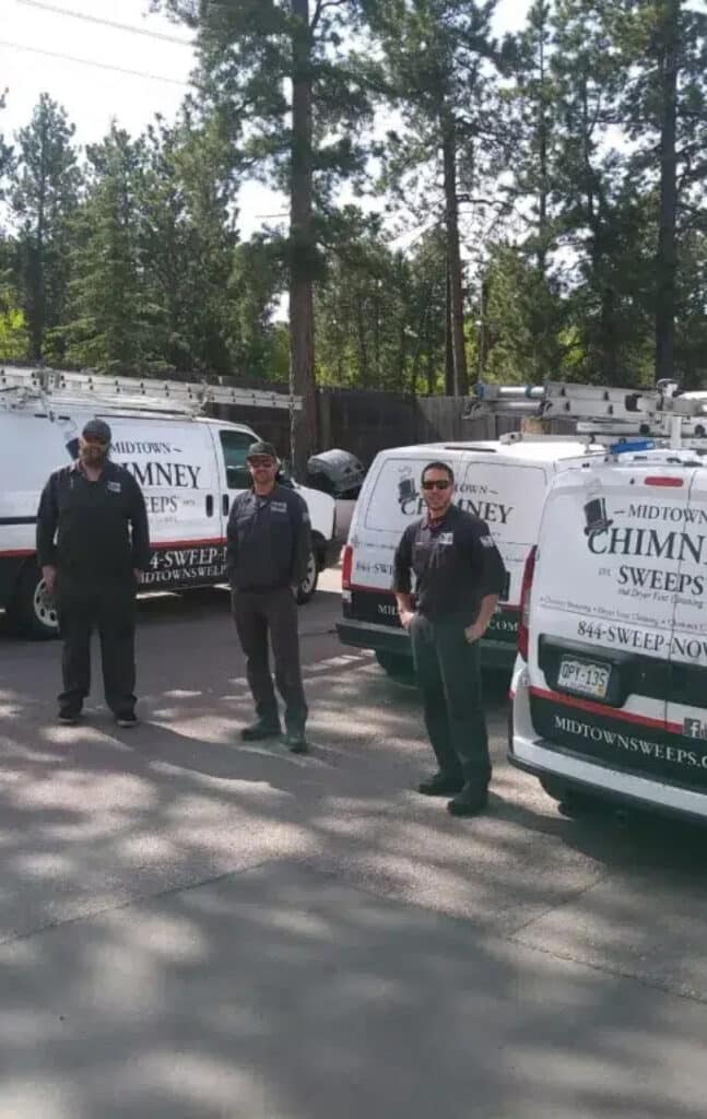Three workers stand in front of white chimney sweep vans parked along a tree-lined street.