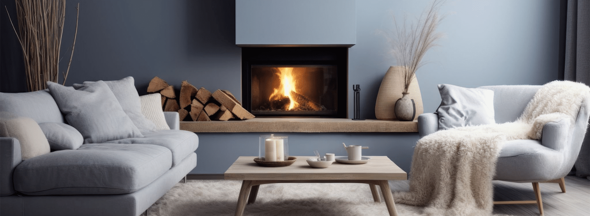 A gray sofa and matching armchair in a modern living room with a lit fireplace, wooden coffee table, and neutral decor.