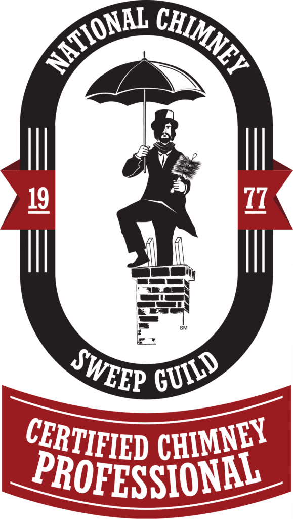 A National Chimney Sweep Guild Certified Chimney Professional logo with a chimney sweep holding an umbrella and standing on a brick chimney, flanked by red 1977 banners.