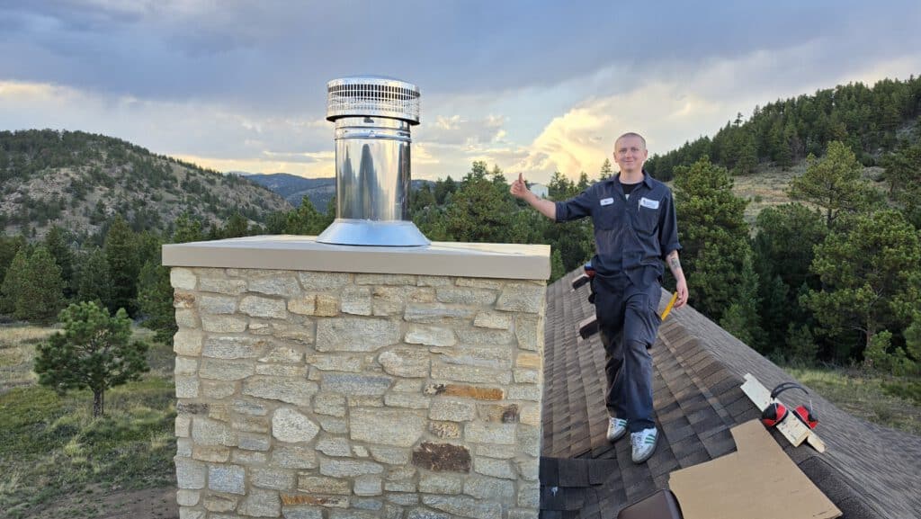 A man in dark work clothes stands on a rooftop beside a stone chimney with a silver vent cap, with wooded hills and cloudy sky in the background.