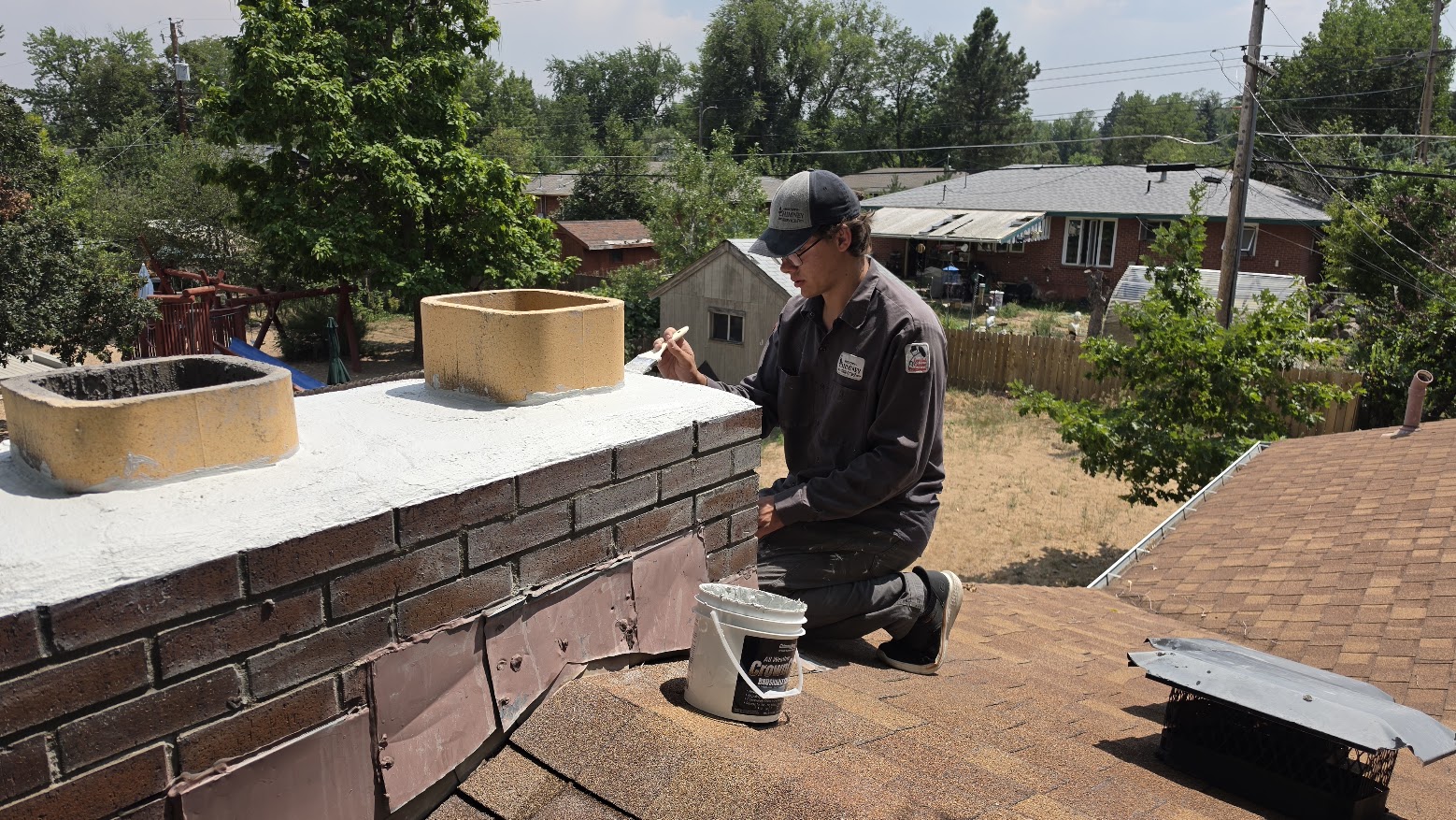 A worker in a cap kneels on a rooftop beside a bucket and a brick chimney, with houses and trees in the background.