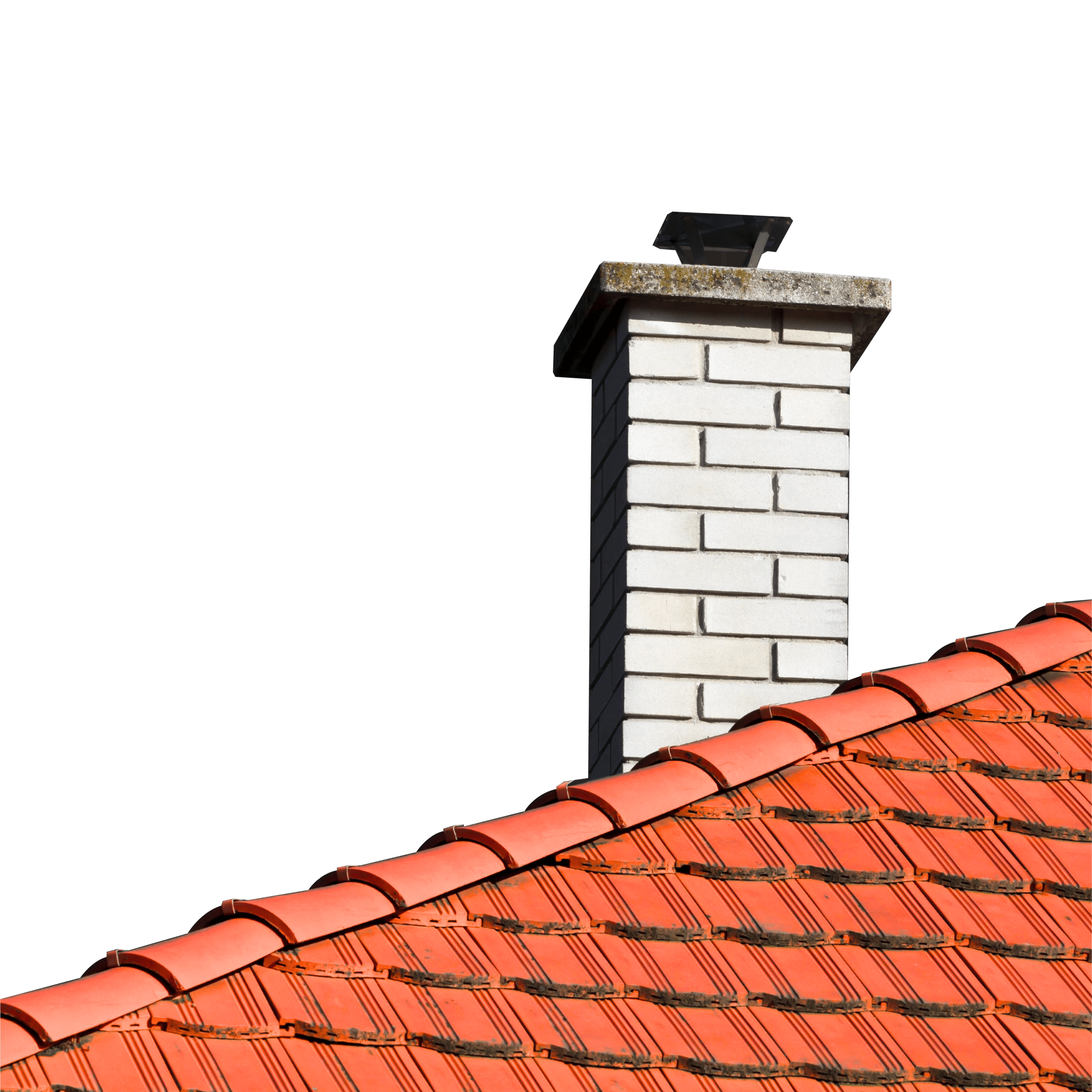 A white brick chimney rises above an orange tiled roof with dark ridges.