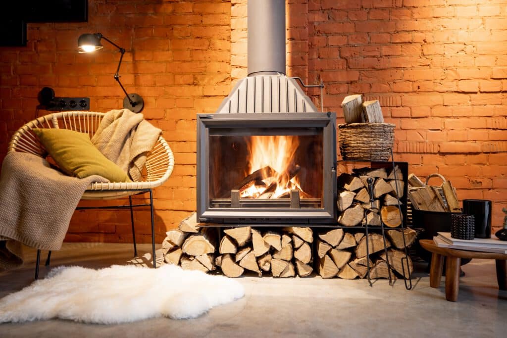 A modern wood-burning fireplace with stacked logs beneath it sits against an orange brick wall, beside a wicker chair with a blanket and lamp.