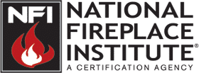 Logo for the National Fireplace Institute showing a red flame inside a black square, with the organization name beside it on a light background.