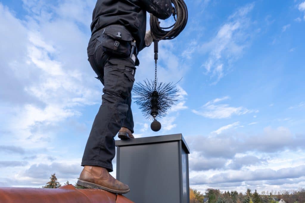 Midtown technician repairing a chimney flashing on a shingle roof
